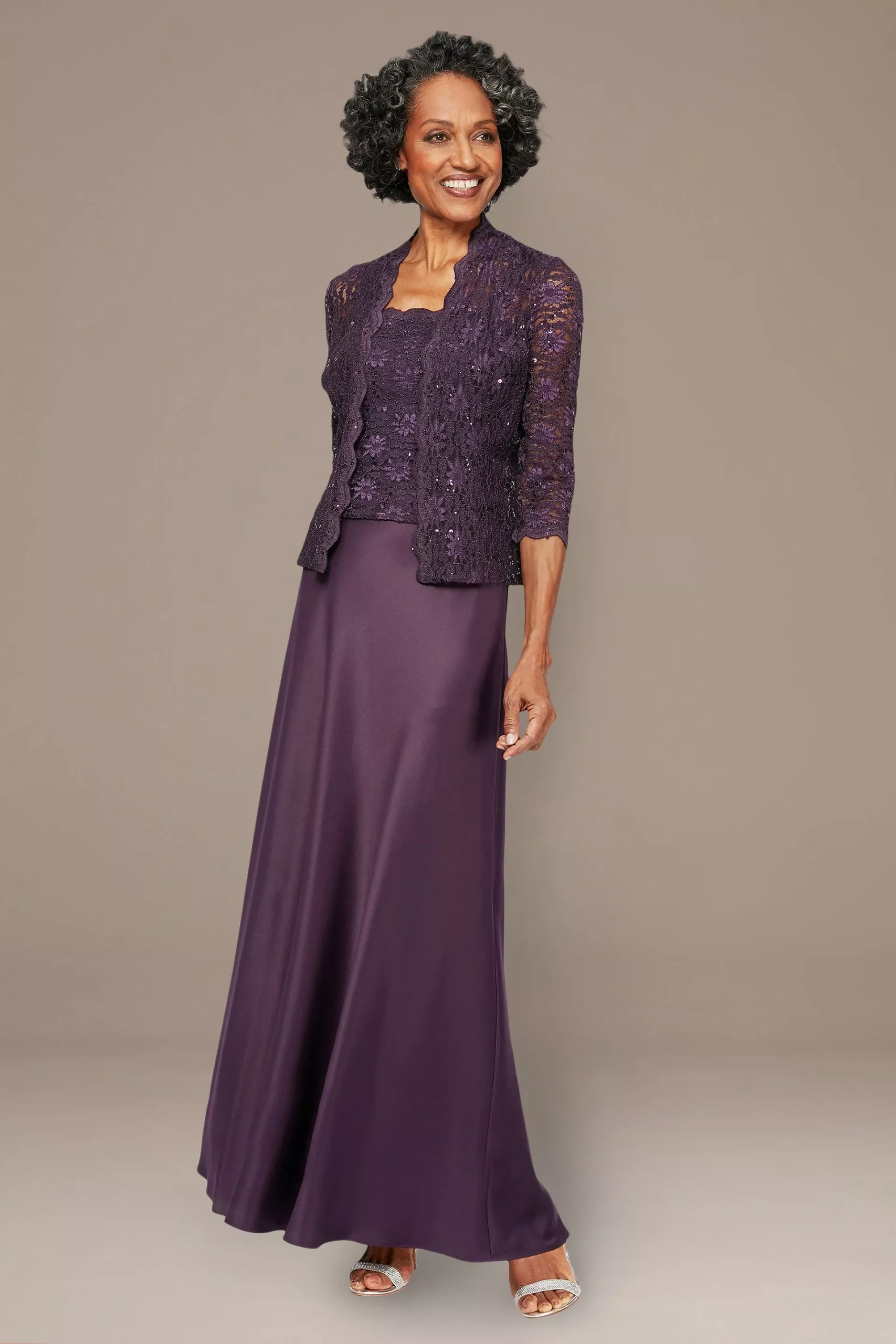 2-Pc Lace and Satin Jacket Gown with Sheer Sleeve