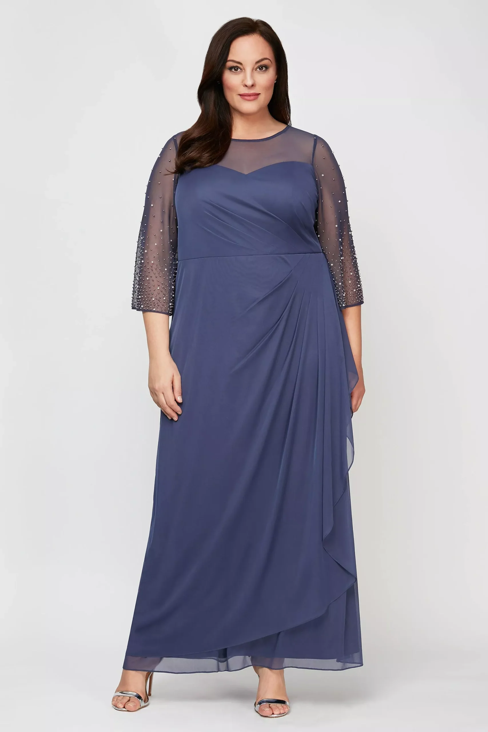 3/4 Beaded Sleeve Ruched Cascade Plus Size Dress
