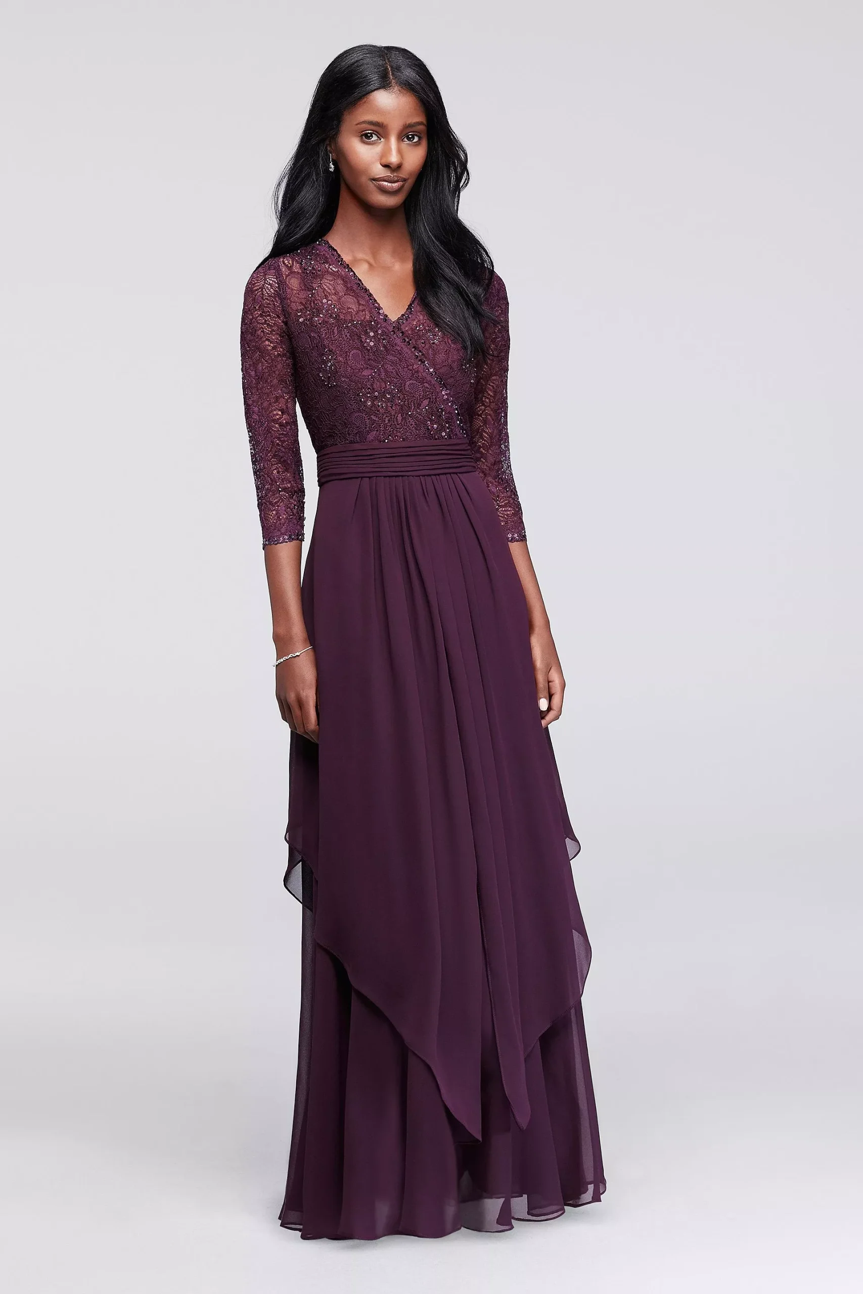 3/4 Sleeve Beaded Illusion Lace and Chiffon Dress