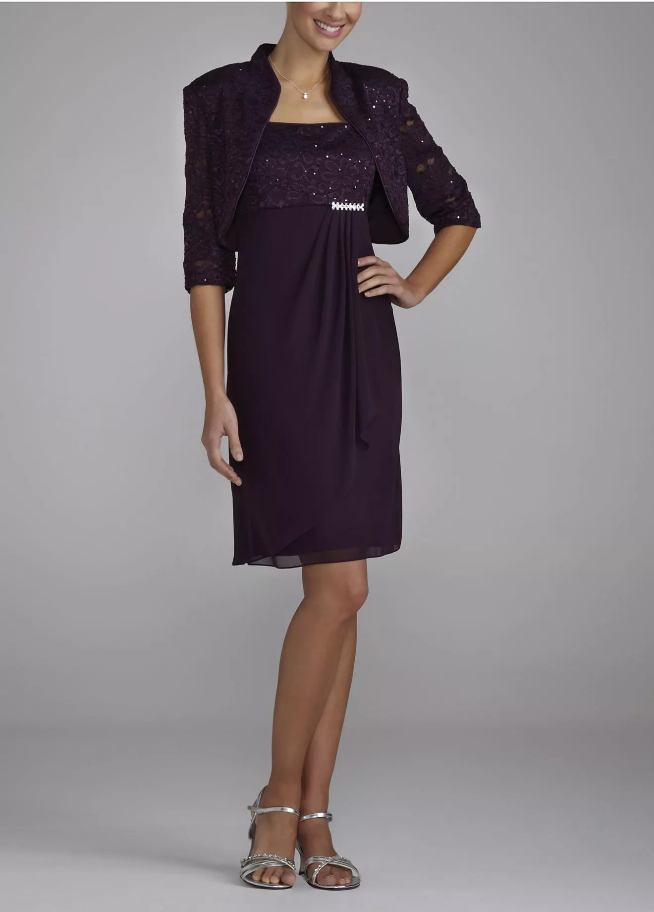 3/4 Sleeve Chiffon and Lace Jacket Dress