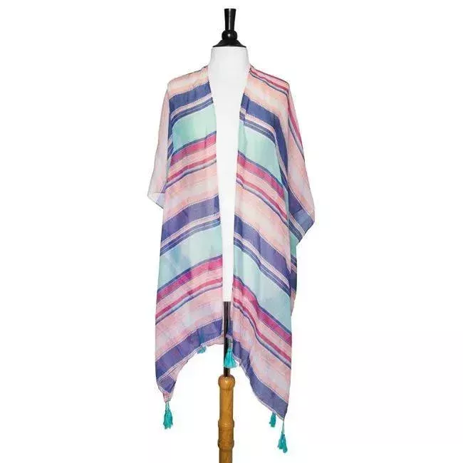 Multicolored Magdelena Striped Cover Up Shawl With Tassels