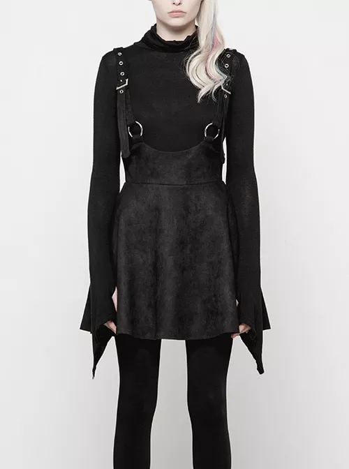 Punk Personality Metal Decoration Small Suspenders Elasticity Suede Black Half Skirt Female
