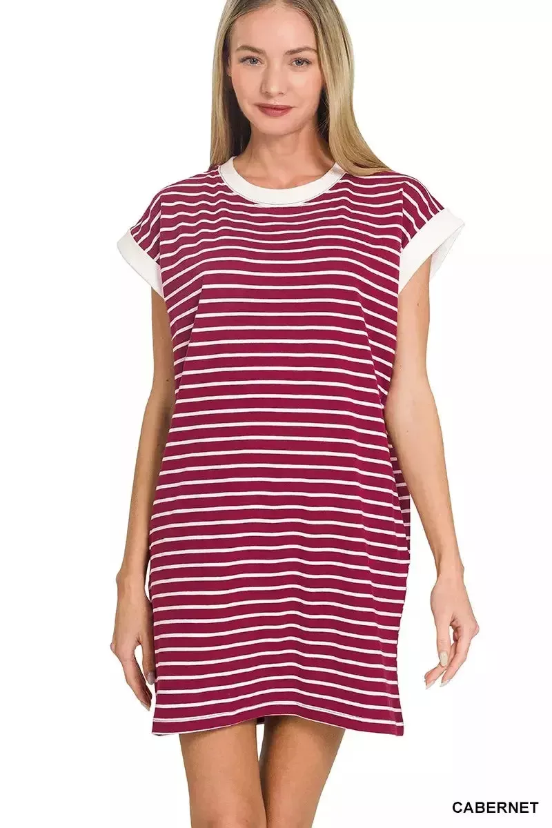Zenana Contrast Trim Striped T-shirts Dress
