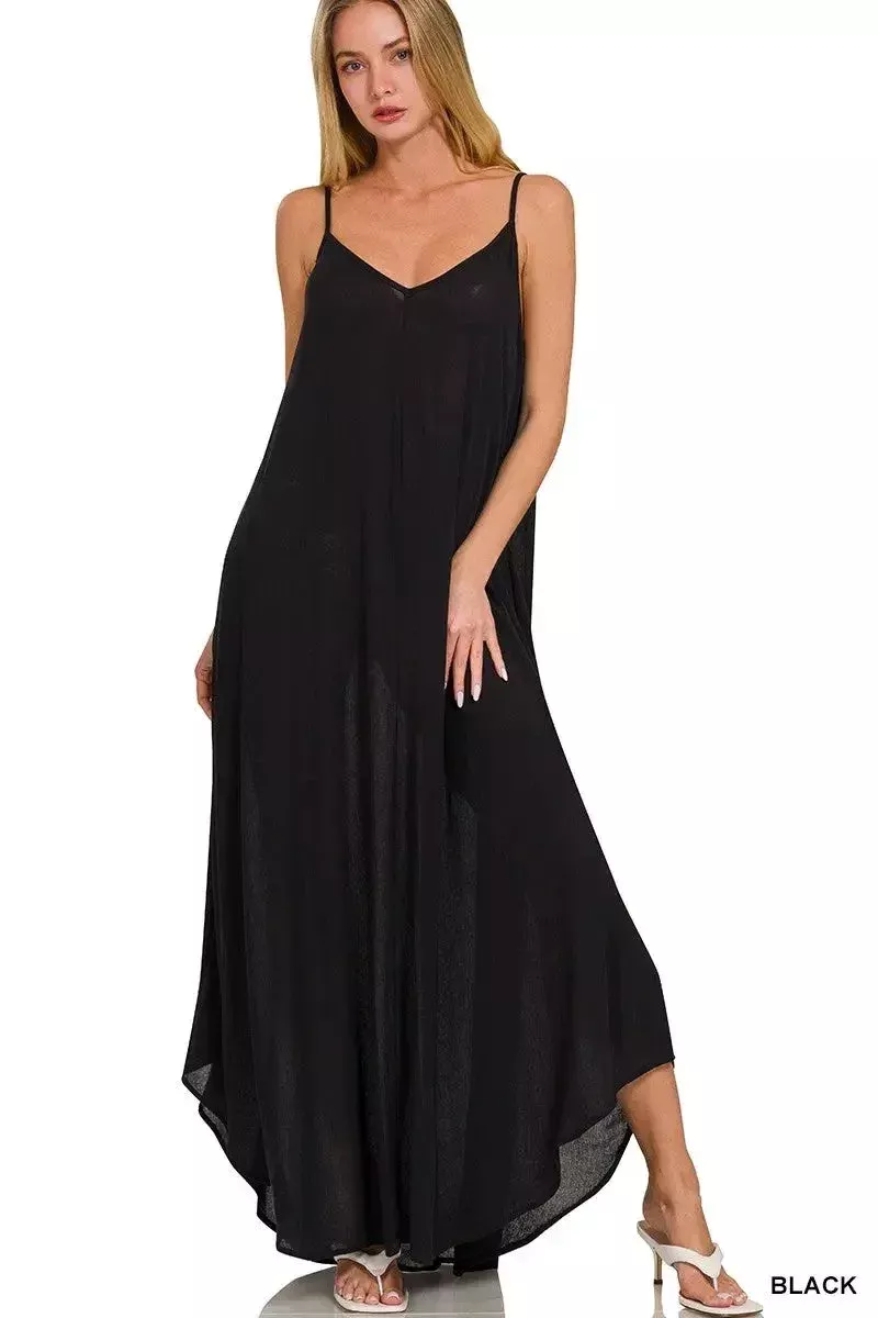 Zenana Woven Crinkle Cami Maxi Dress with Side Pockets