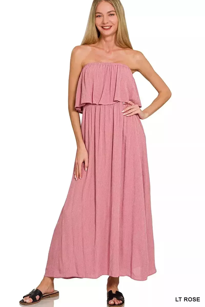 Zenana Woven Crinkle Strapless Maxi Dress