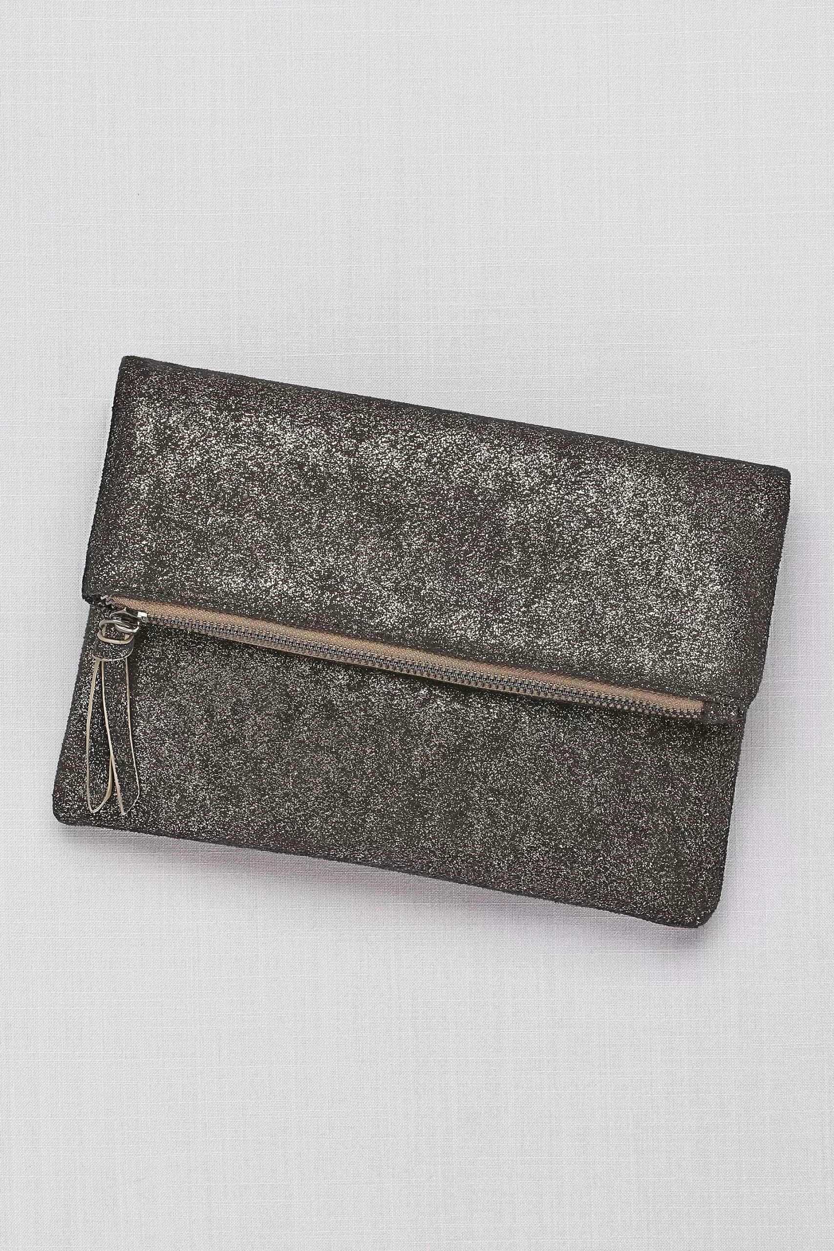 Zip-Top Metallic Foldover Clutch
